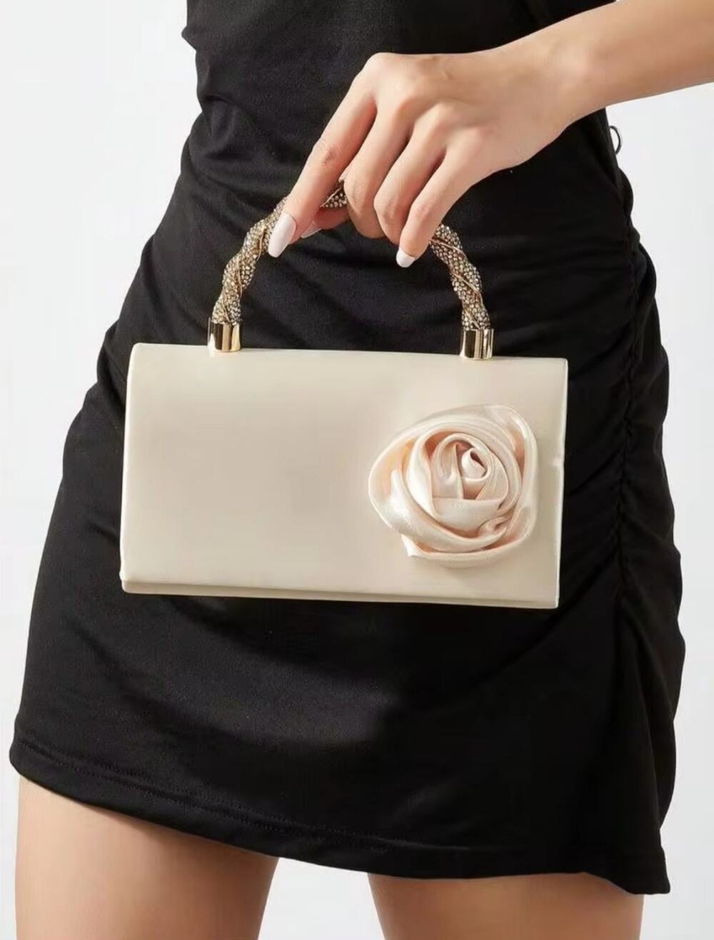NWOT SALIHERYIN BEIGE SATIN ROSE ROSETTE EVENING CLUTCH HANDBAG